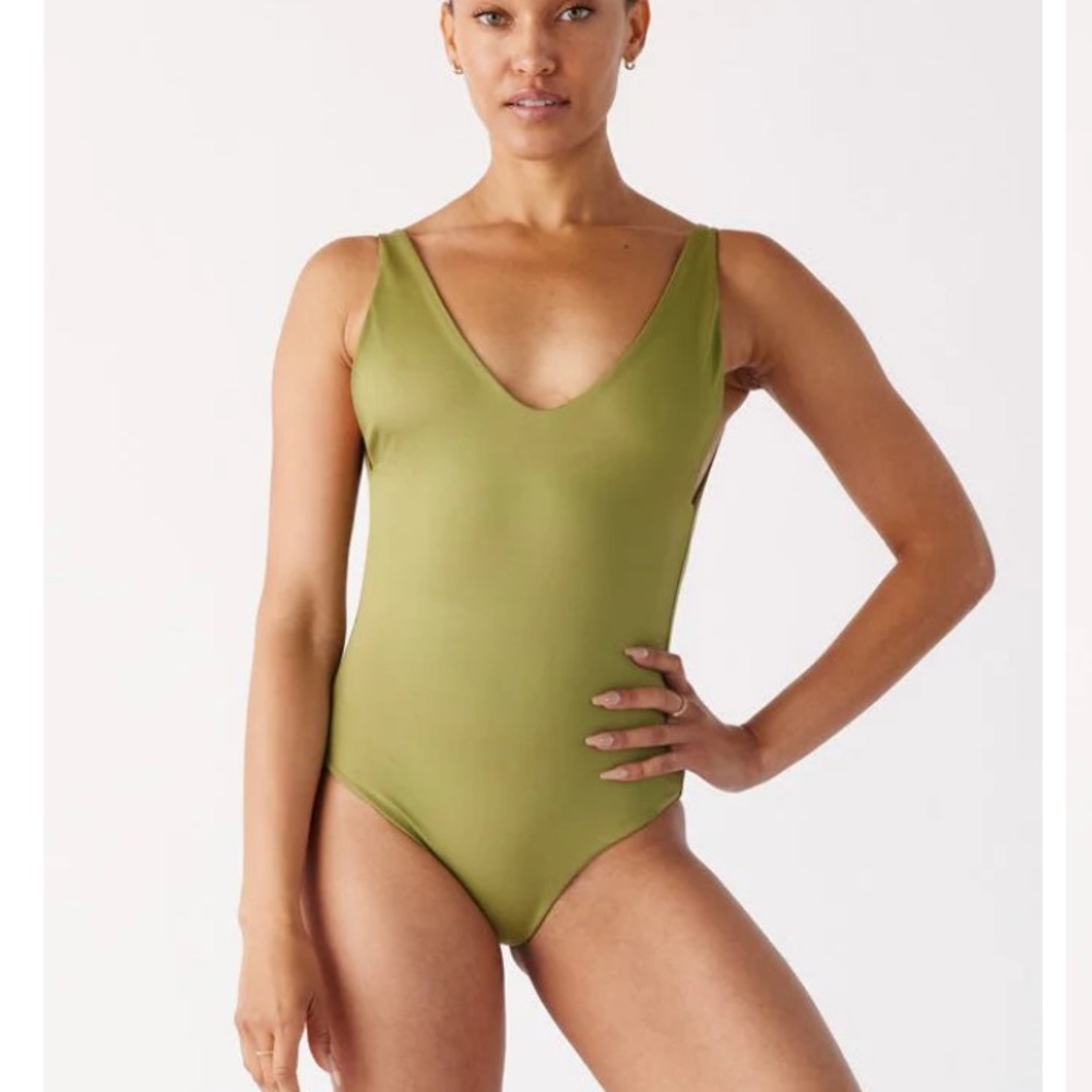 Sleek Olive V-Neck One-Piece Swimsuit